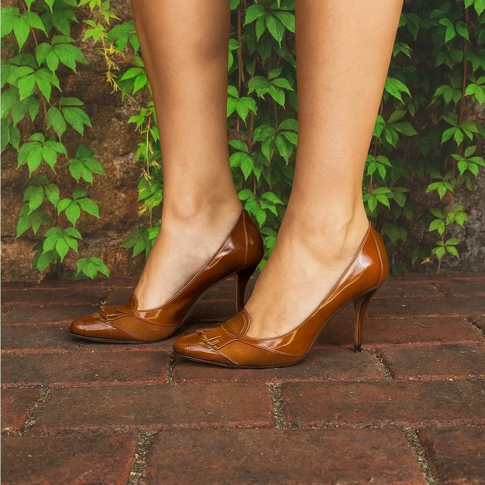 DOMENICO VACCA Italian Made Suede and Leather Burnt Caramel Kiltie Pumps, 38